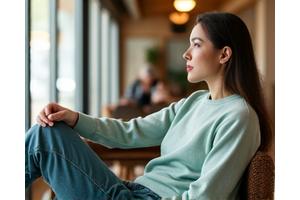 도심 속 카페에서 편안하게 휴식하는 사람의 모습. 부드러운 촉감과 자연스러운 디자인의 일상복이 강조됨.