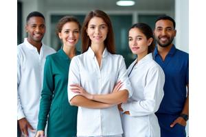 깔끔하고 기능적인 디자인의 유니폼을 착용한 전문직 종사자들의 모습. 움직임이 자유롭고 오염에 강한 소재의 특징이 드러남.