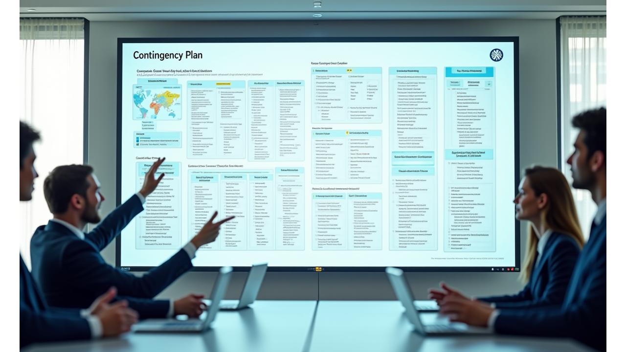 비상 계획 매뉴얼, 체크리스트, 대체 공급망 지도 등이 게시된 전략 회의실 화이트보드