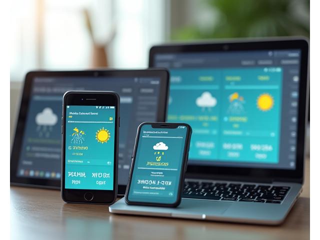 다양한 기상 경보 알림이 표시된 스마트폰, 태블릿, 노트북 화면