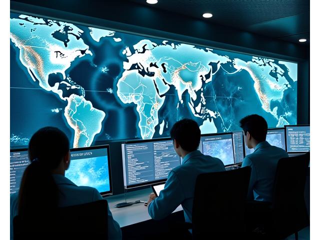글로벌 기상 지도가 표시된 대형 모니터 앞에서 시스템을 모니터링하는 전문가들