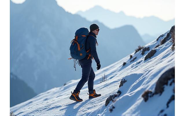 눈 덮인 고산을 오르는 등산객이 이슬별의 기상 적응형 의류를 착용하고 있는 모습, 고도별 기온 변화와 습도 관리에 최적화된 디자인을 강조.