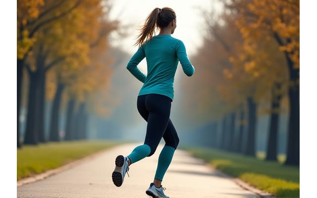 도시 공원을 달리는 러너가 통기성 좋은 이슬별 의류를 착용하고 땀을 효과적으로 관리하며 체온을 조절하는 모습.