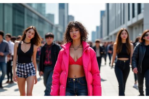 활기찬 동대문 디자인 플라자(DDP) 주변 거리에서 최신 트렌드의 스트릿 패션을 선보이는 사람들. 다양한 스타일과 개성.