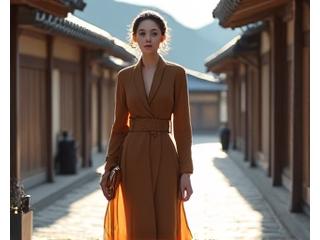 북촌 한옥마을의 고즈넉한 풍경과 어우러지는 현대적으로 해석된 한국적인 모던 스타일. 차분하고 우아한 분위기.