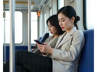 출근길 지하철에서 여유롭게 스마트폰을 보는 비즈니스 우먼의 세련된 오피스룩. 모던하고 실용적인 스타일.