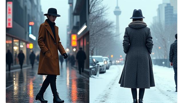서울의 여름과 겨울을 나타내는 이미지. 장마로 비 내리는 거리의 트렌디한 레인웨어와 눈 덮인 남산타워를 배경으로 한 고급스러운 겨울 패션.